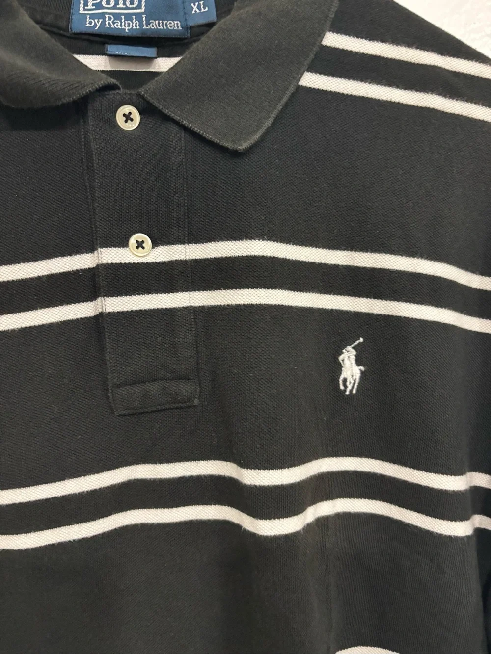 Polo by Ralph Lauren Black & White Striped Cotton Polo Shirt Xl